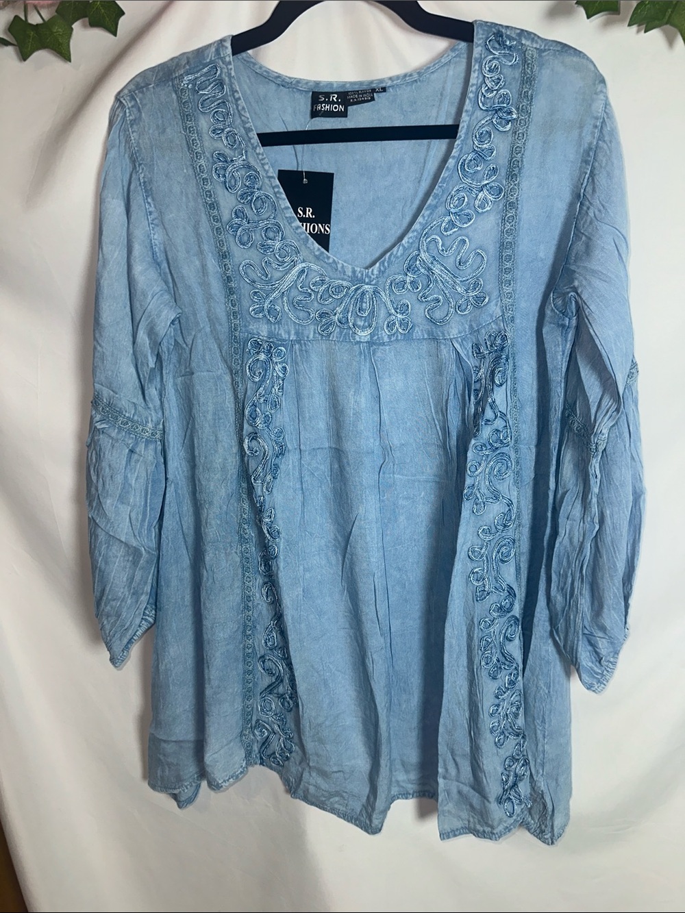 S.R. Fashions Light Blue Embroidered V-Neck Tunic